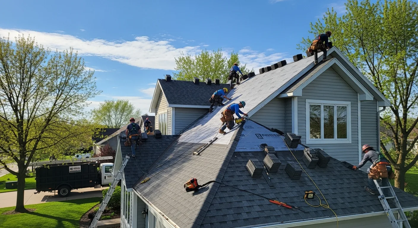 Roofing crew installing new asphalt shingles on a North Dakota home during clear weather